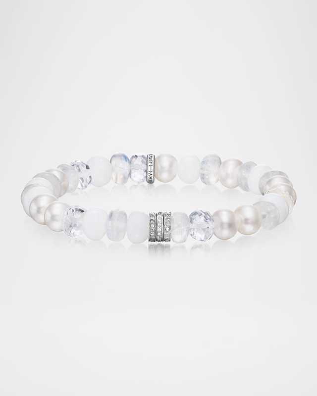 White Mixed Gemstone Bead Bracelet with Diamond Rondelles
